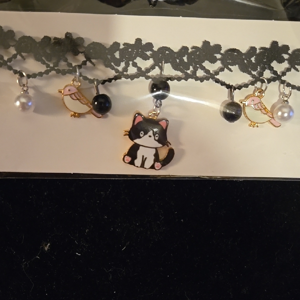 Black Lace Choker with Cat Charm